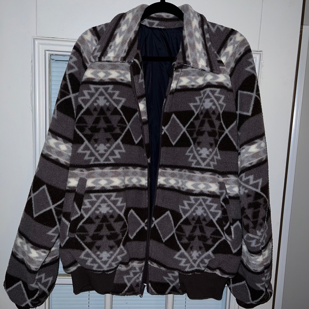 Vintage Aztec Fleece Bomber Jacket Grey Southwestern Geometric Full Zip L/XL